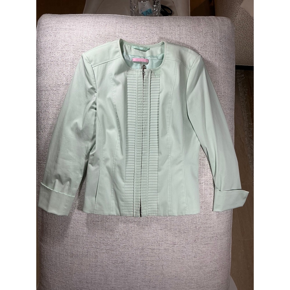 Basler Mint Green Pleated Zip Front Collarless Jacket Womens Pastel Blazer